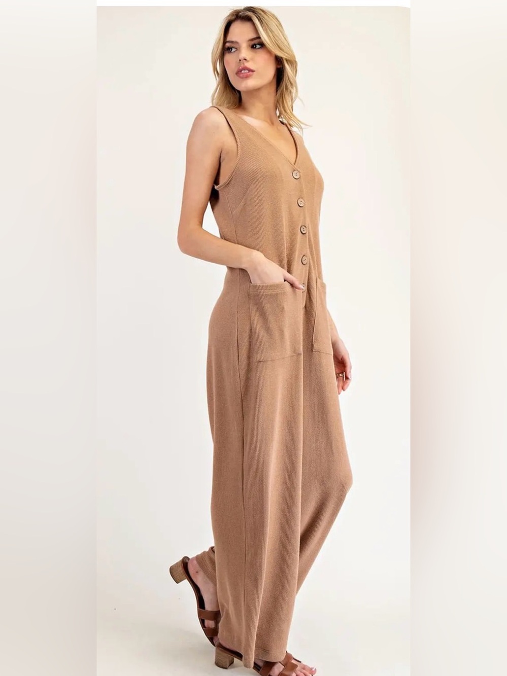 New Sleeveless Button-Front Wide Leg Jumpsuit in Camel Eesome S M L